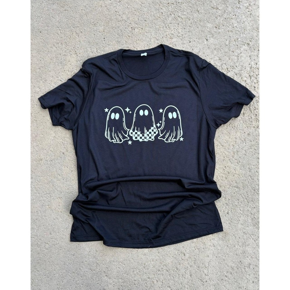 Black Ghost Trio Graphic Print‎ T-Shirt Women's Cute Halloween Tee Top NWOT